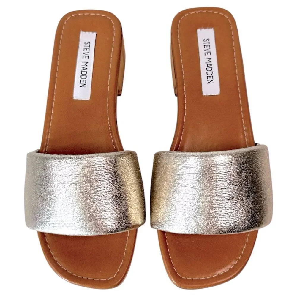 Steve Madden Belong Metallic Gold Slide Sandals Block Heel Size 39 Euro Summer